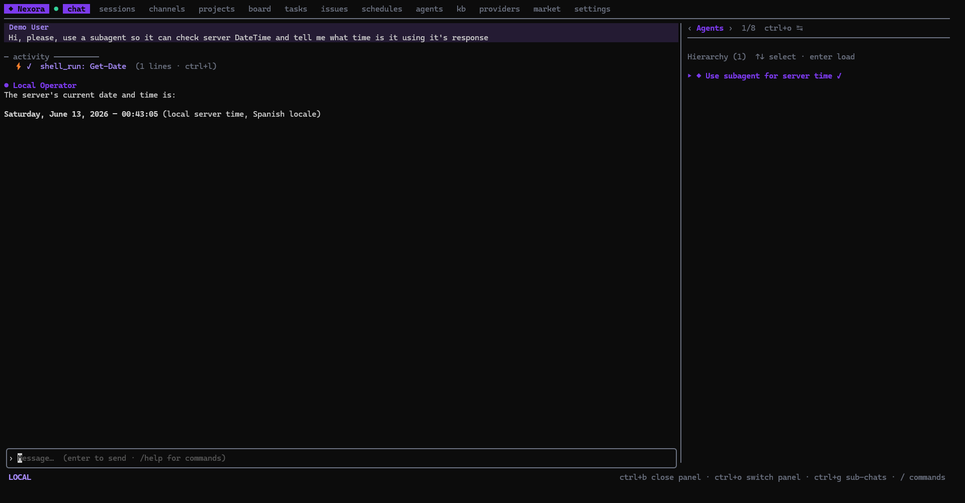 The NexoraCLI chat screen: a streaming reply from the Local Operator agent with a tool call and the agent hierarchy panel.